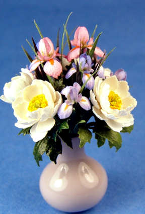 Flower arrangement - Peonies, Dutch iris, dwarf iris