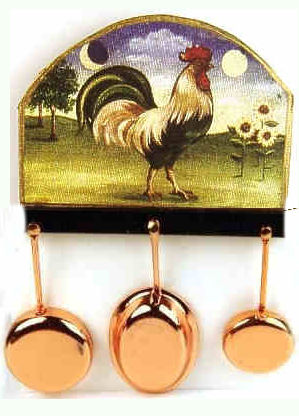 Pans on rack - rooster design