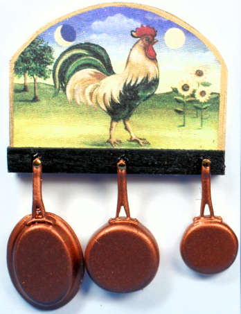 Pans on rack - rooster design