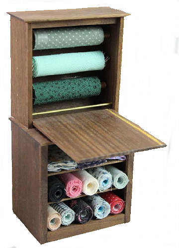 Fabric bin with drop down cutting shelf