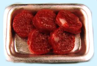 Hamburgers uncooked in metal tray - Click Image to Close