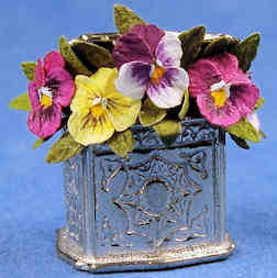 Flower arrangement - Pansies in a biscuit barrel (small) - Click Image to Close