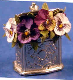 (image for) Flower arrangement - Pansies in a biscuit barrel (small)