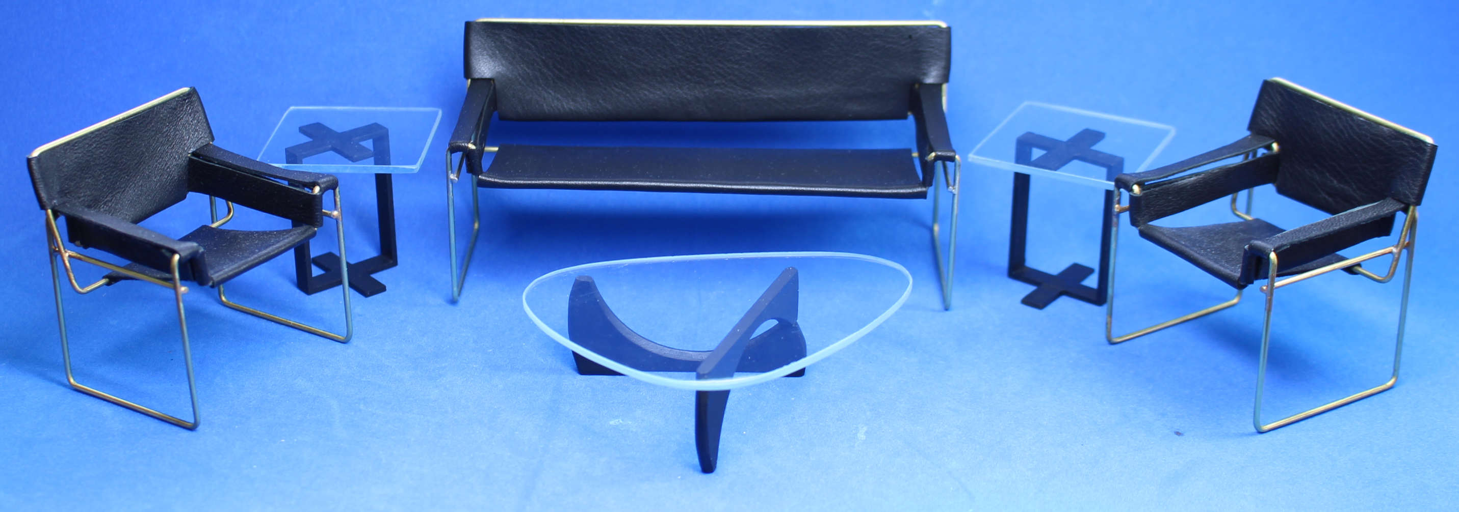 (image for) Modern living room set - black leather and brass with Nagouchi table