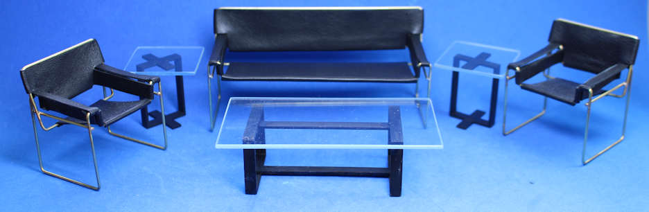 (image for) Modern living room set - black leather and brass