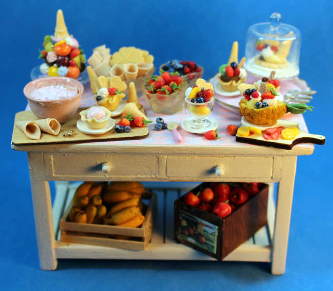 Ice cream and fruit preparation table