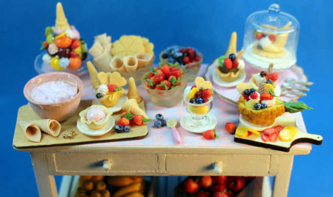 Ice cream and fruit preparation table