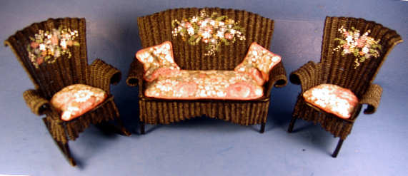 Sofa & chairs set - black wicker handpainted flowers - 3 piece - Click Image to Close